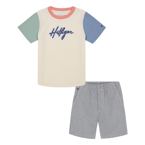 타미힐피거 Toddler Boy short sleeve Soft Colorblock Logo Tee Printed Shorts Set