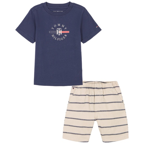 타미힐피거 Toddler Boy short sleeve Logo Graphic Tee Striped Oxford Shorts Set