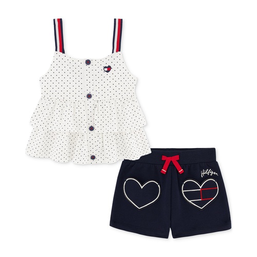 타미힐피거 Little Girls Tiered Jersey Babydoll Top & French Terry Logo Shorts 2 Piece Set