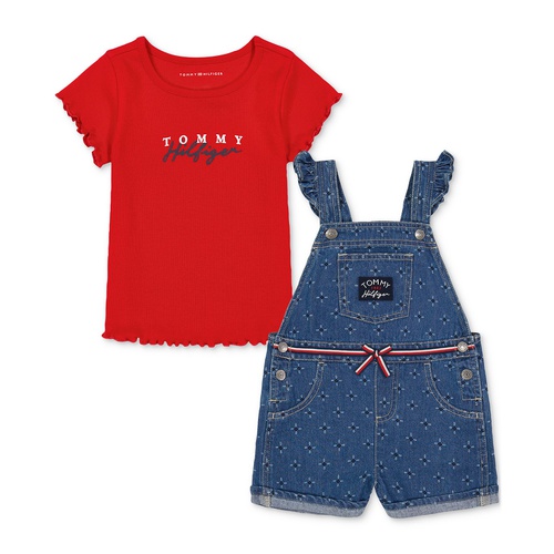 타미힐피거 Little Girls Ribbed Logo T-Shirt & Printed Denim Shortall 2 Piece Set