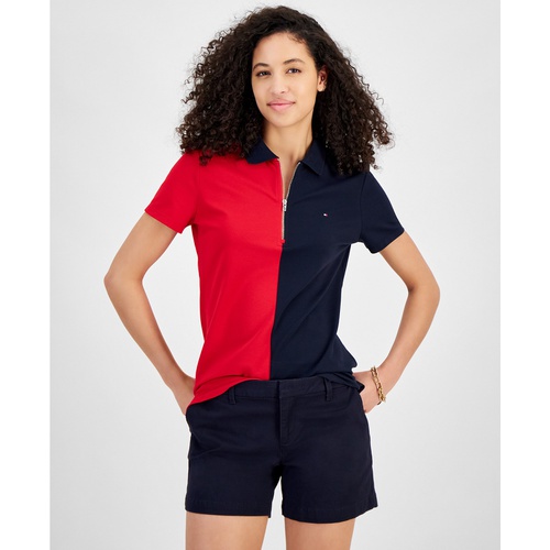 타미힐피거 Womens Colorblock Zip-Front Polo Shirt