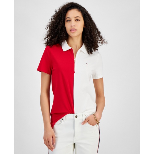 타미힐피거 Womens Colorblock Zip-Front Polo Shirt