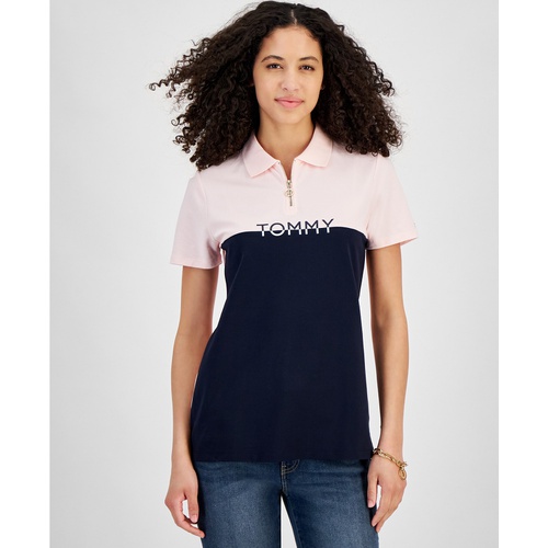 타미힐피거 Womens Colorblock Logo Zip-Front Polo Shirt