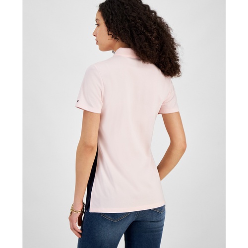 타미힐피거 Womens Colorblock Logo Zip-Front Polo Shirt