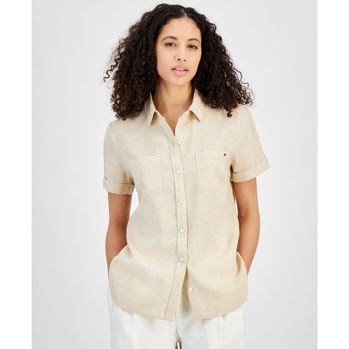타미힐피거 Womens Linen-Blend Short-Sleeve Button-Front Shirt
