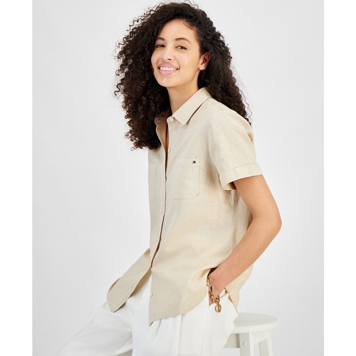 타미힐피거 Womens Linen-Blend Short-Sleeve Button-Front Shirt
