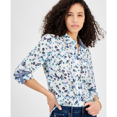 타미힐피거 Womens Printed Roll-Tab-Sleeve Button-Front Cotton Shirt