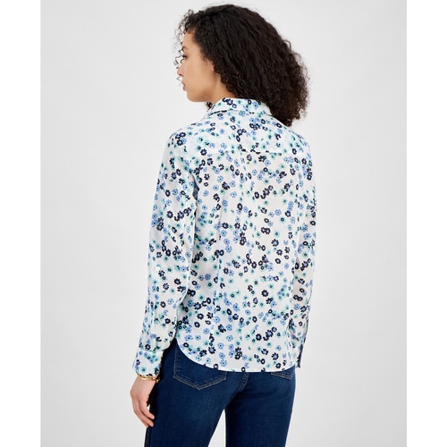 타미힐피거 Womens Printed Roll-Tab-Sleeve Button-Front Cotton Shirt