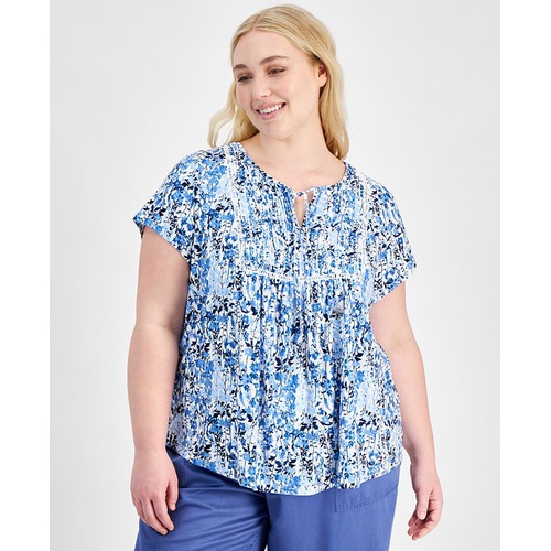 타미힐피거 Plus Size Floral Short-Sleeve Pintuck Top