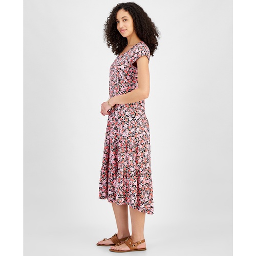 타미힐피거 Womens Floral Print Short-Sleeve Tiered Midi Dress