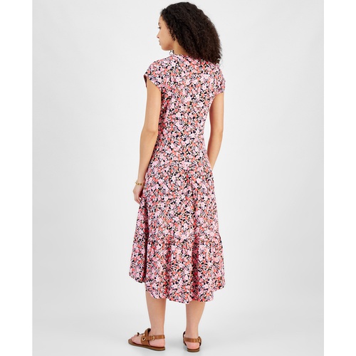 타미힐피거 Womens Floral Print Short-Sleeve Tiered Midi Dress