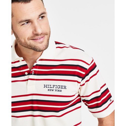 타미힐피거 Mens Striped Honeycomb Logo Polo Shirt