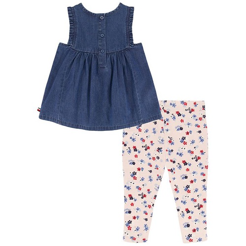 타미힐피거 Little Girls Sleeveless Denim Tunic Top and Floral Capri Leggings 2 Piece Set