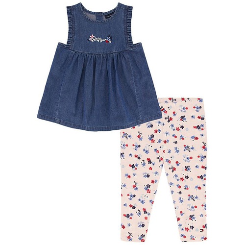 타미힐피거 Little Girls Sleeveless Denim Tunic Top and Floral Capri Leggings 2 Piece Set