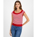 Womens Striped Cap-Sleeve Sweater