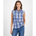 Womens Plaid Collared Sleeveless Top