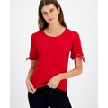 Womens Crewneck Short-Sleeve Tie-Cuff Top