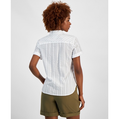 타미힐피거 Womens Cotton Textured-Stripe Button Shirt