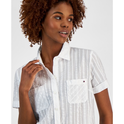 타미힐피거 Womens Cotton Textured-Stripe Button Shirt