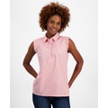 Womens Cotton Striped Button-Placket Ruffled Blouse