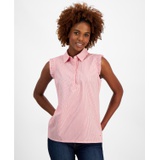 Womens Cotton Striped Button-Placket Ruffled Blouse