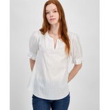 Womens Cotton Tonal-Stripe Puff-Sleeve Blouse