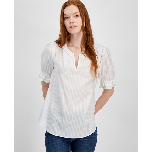 타미힐피거 Womens Cotton Tonal-Stripe Puff-Sleeve Blouse