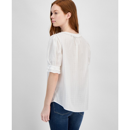 타미힐피거 Womens Cotton Tonal-Stripe Puff-Sleeve Blouse