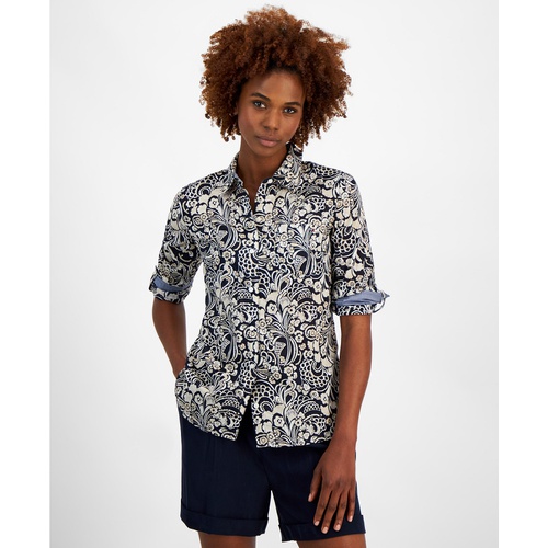 타미힐피거 Womens Cotton Paisley Roll-Tab Shirt