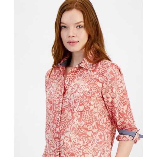 타미힐피거 Womens Cotton Paisley Roll-Tab Shirt