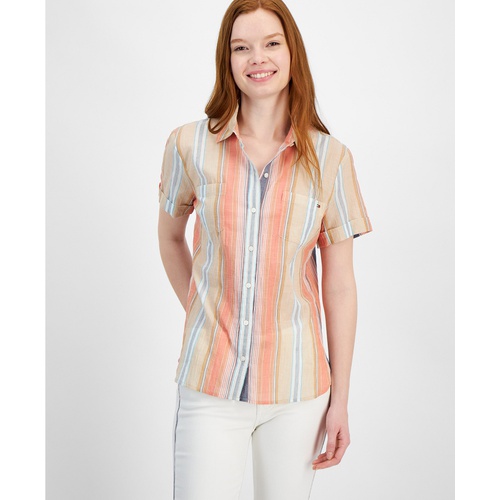 타미힐피거 Womens Cotton Striped Short-Sleeve Shirt