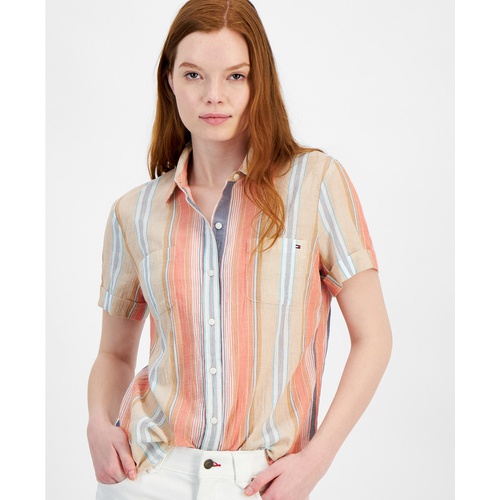 타미힐피거 Womens Cotton Striped Short-Sleeve Shirt
