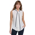 Womens Contrast-Trim Tie-Neck Blouse