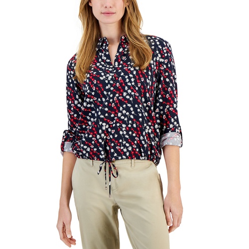 타미힐피거 Womens Ditsy Floral Printed Tie-Hem Shirt