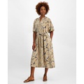 Womens Printed Split-Neck Puff-Sleeve Dress