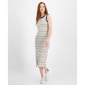 Womens Striped Ribbed Slit Midi Dress