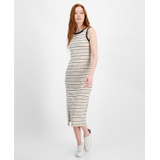 Womens Striped Ribbed Slit Midi Dress