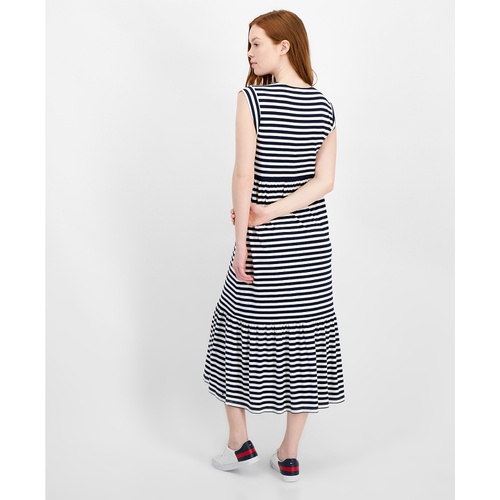 타미힐피거 Womens Striped Tiered Sleeveless Midi Dress