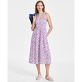 Womens Smocked Floral-Print Cotton Midi Dress