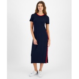 Womens Contrast-Stripe Ribbed Knit Midi Dress