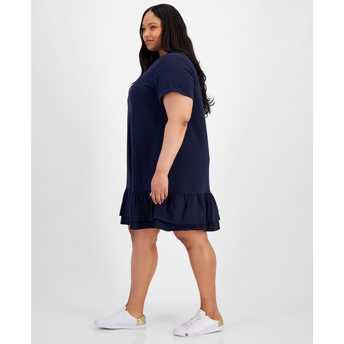 타미힐피거 Plus Size Short-Sleeve Tiered Embroidered Dress