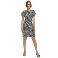 Womens Printed Puff-Sleeve Sheath Dress