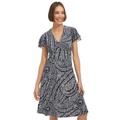 Womens Paisley-Print V-Neck Flutter-Sleeve Dress