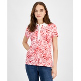 Womens Floral-Print Short-Sleeve Polo Top