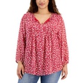 Plus Size Printed Pintuck Tie-Neck Blouse