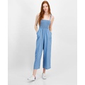 Womens Smocked Chambray Jumpsuit