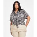 Plus Size Cotton Cuffed-Sleeve Camp Shirt