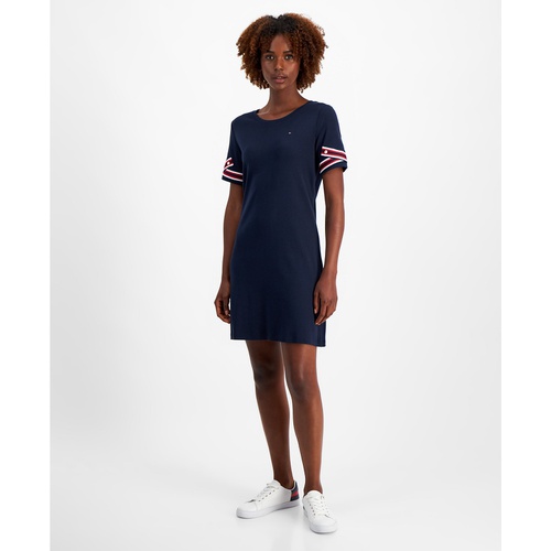 타미힐피거 Womens Cotton Striped Tape-Trim T-Shirt Dress