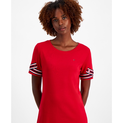 타미힐피거 Womens Cotton Striped Tape-Trim T-Shirt Dress