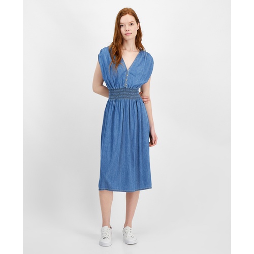 타미힐피거 Womens V-Neck Smocked-Waist Fit & Flare Dress